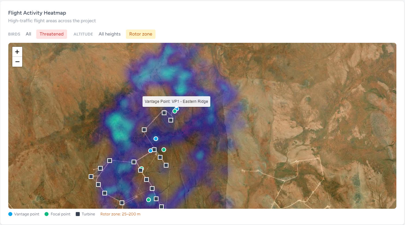 Flight activity heatmap showing where birds spend the most time across the site