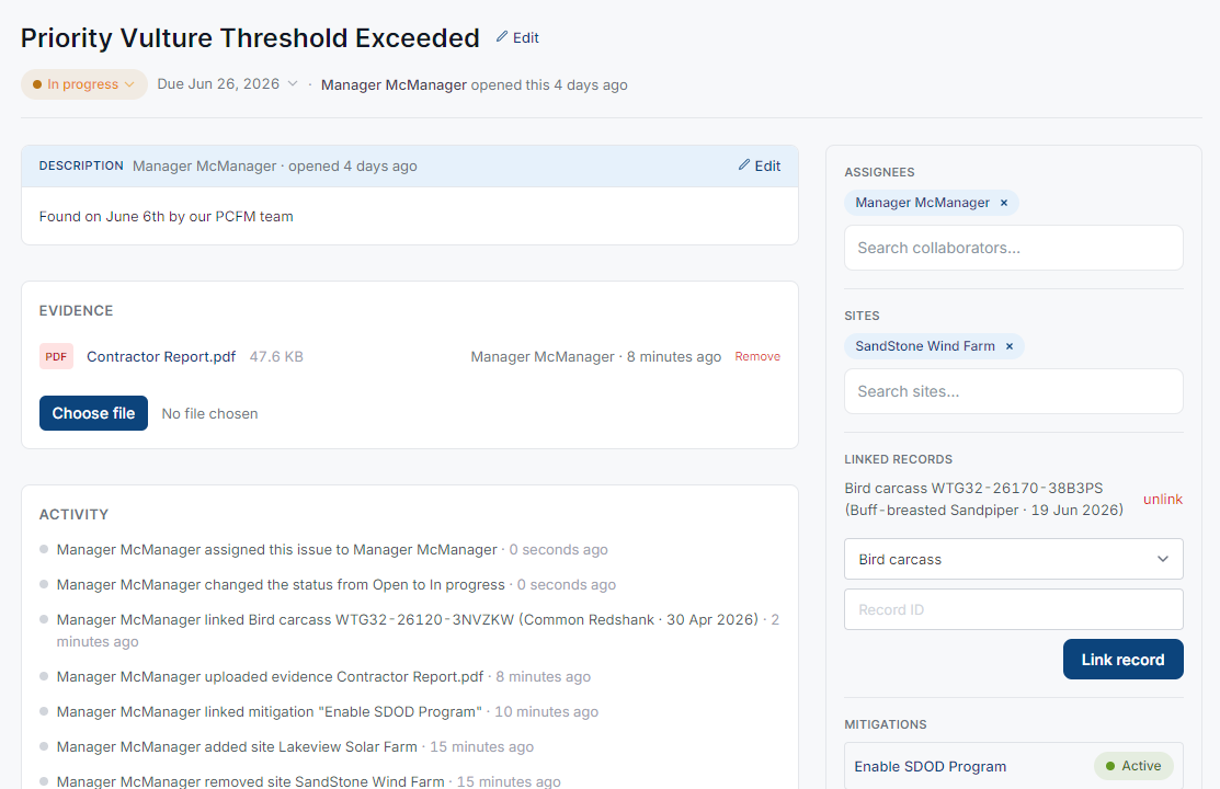 A SafeTurbines compliance issue, 'Priority Vulture Threshold Exceeded': assignee, due date, attached PDF evidence, linked bird-carcass records, a linked active mitigation, and a full activity timeline logging every change.