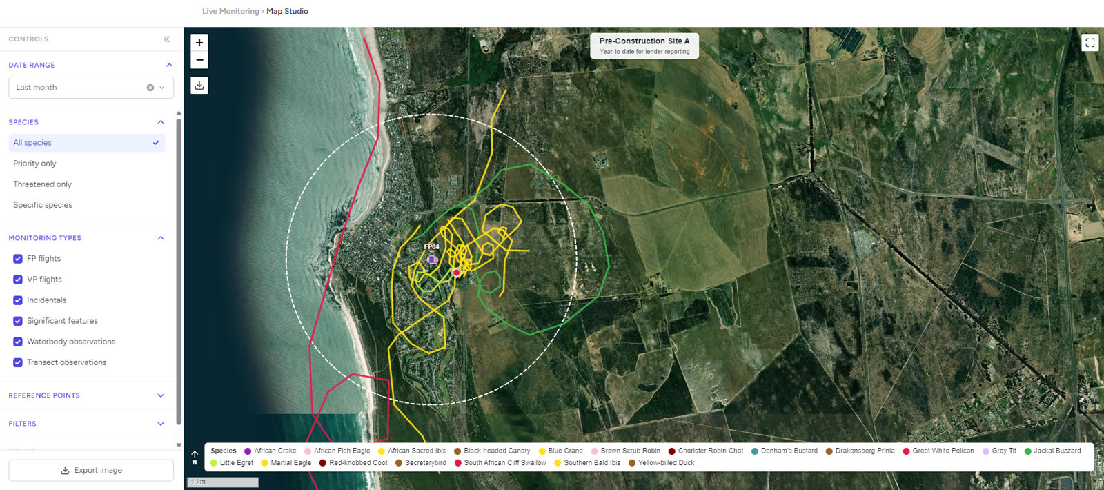 SafeTurbines live monitoring map studio showing every species' GPS tracks across the site