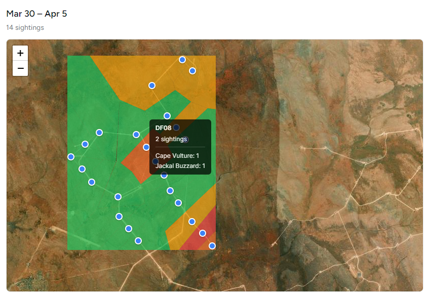 SDOD sightings heatmap showing which turbines and areas drew the most sightings over a selected date range